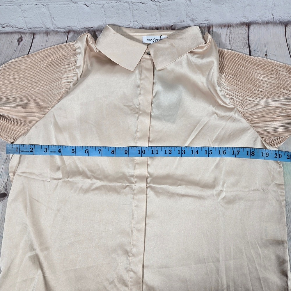 AREA STARS Womens Satin Pleated Sleeve Button Down Blouse Shirt Top Beige Medium - Picture 7 of 8